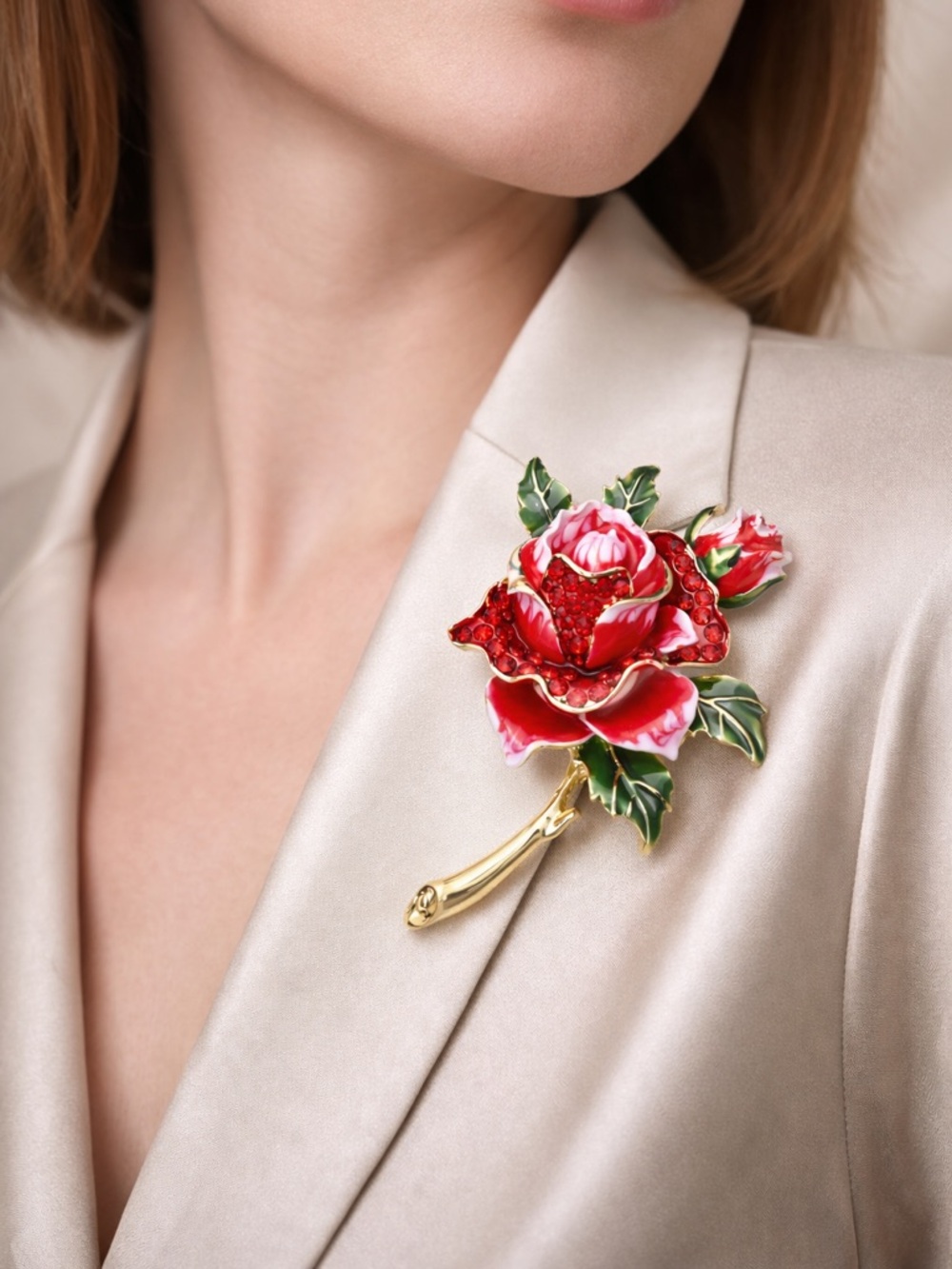 Red Rose Crystal Floral Gold  Statement Brooch